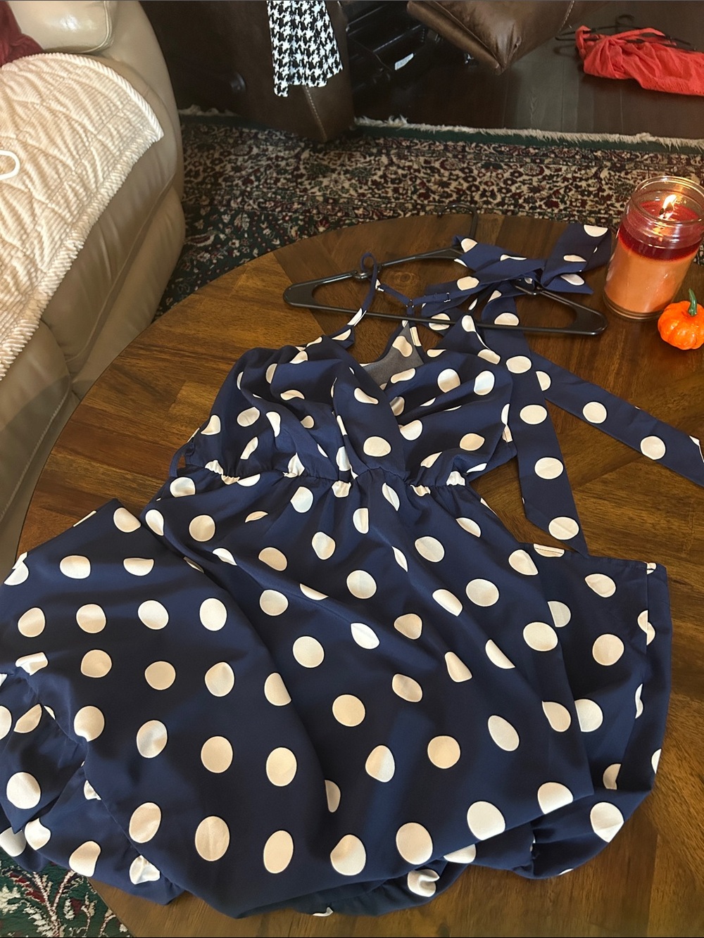 Navy Blue Polka Dot Halter Dress